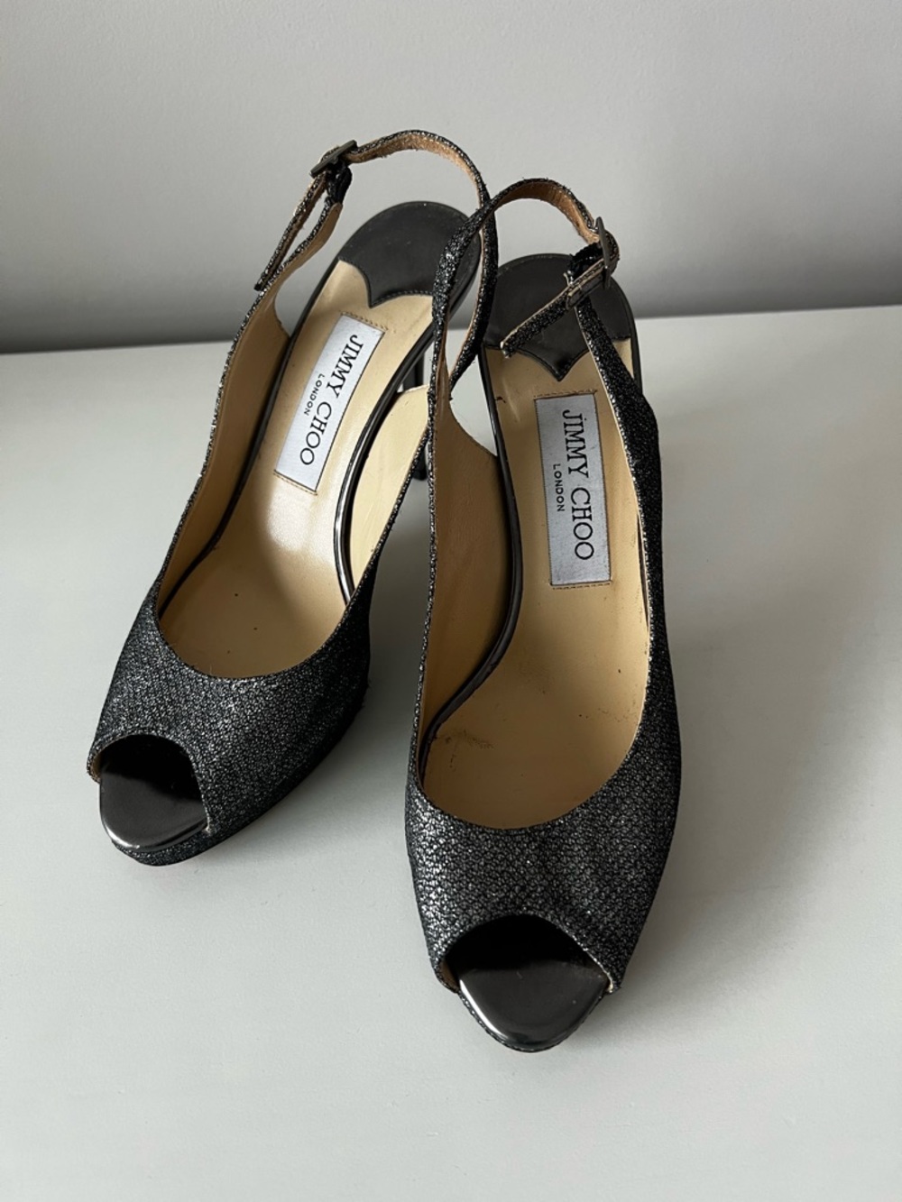 Jimmy Choo Black Glitter Peep-Toe Slingback Heels with Patent Accents